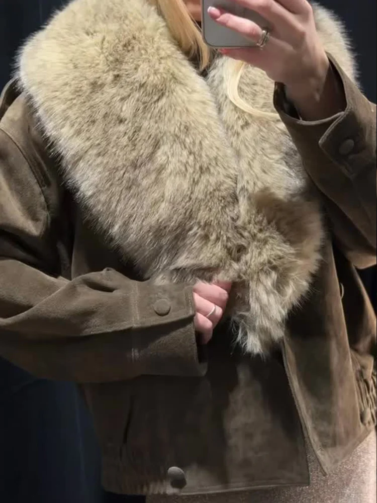 

HH Woman Winter Long Sleeves Double Breasted Pocket Artificial Fur Lapel Decoration Coat Female Leisure Suede Texture Solid Coat