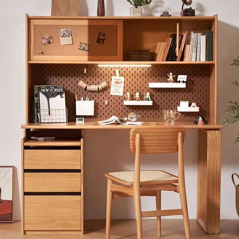 Nordic Solid Wood Desk with Integrated Bookcase Japanese Style Storage Study Table for Home Children Students