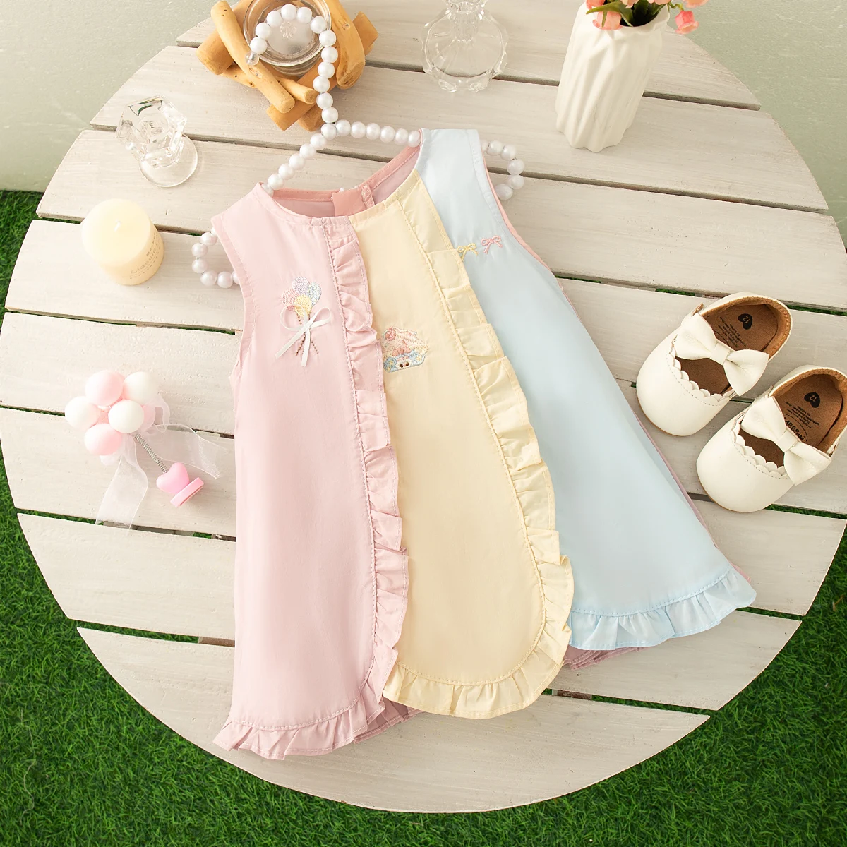 Fashion Lovely Balloon Embroidery Spliced Baby Girl Tank Dress Summer Korean Style Colorful Toddler Shirred Ruffles Dress