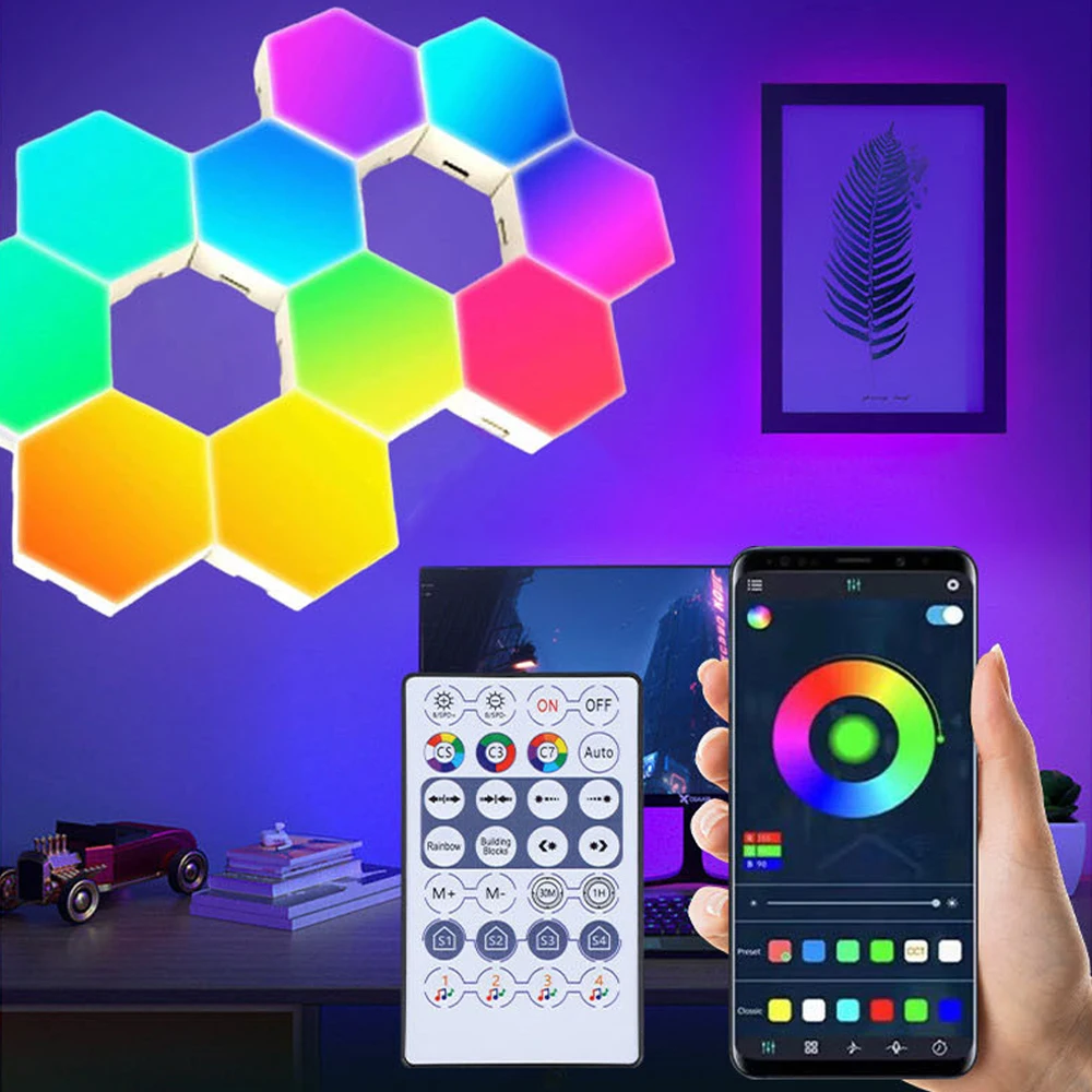 LED Hexagon Light RGB Smart Wall Lamp Wifi Bluetooth Music Sync Ambient Lights for Happy Birthday Bedroom Gamer Room Decoration