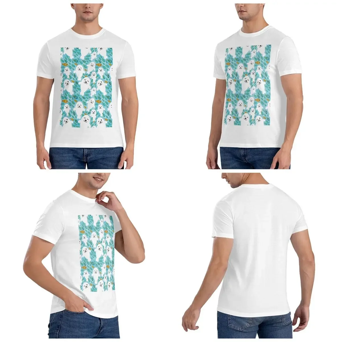 100% Cotton Kawaii Cute Seal And Fish In Water T-Shirt Men's Funny Oversized T Shirt Men Crew Neck Summer Shirts Tops S-6XL