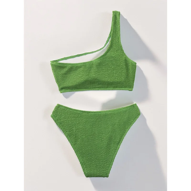 New swimsuitbikiniSolid Color Snakelike Fabric One-Shoulder Bikini Two-Piece Swimsuit for Women