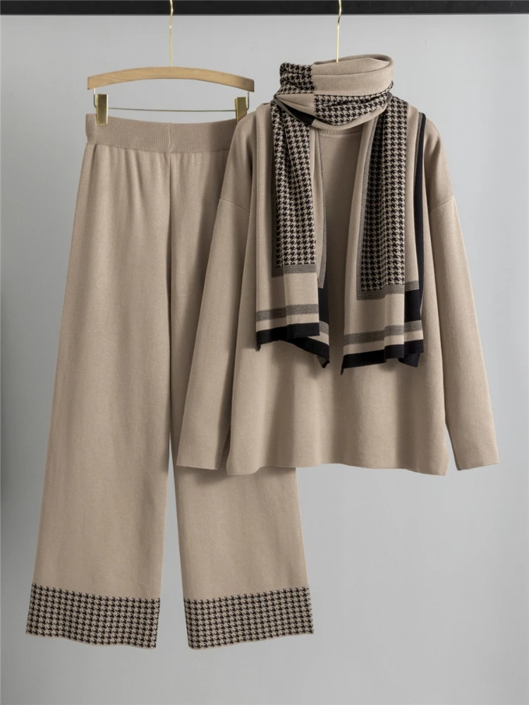 

Autumn Winter New Solid Color Knitted Pullover Sweater With Scarf And Fashion Loose Long Wide Leg Pants Three Piece Sets