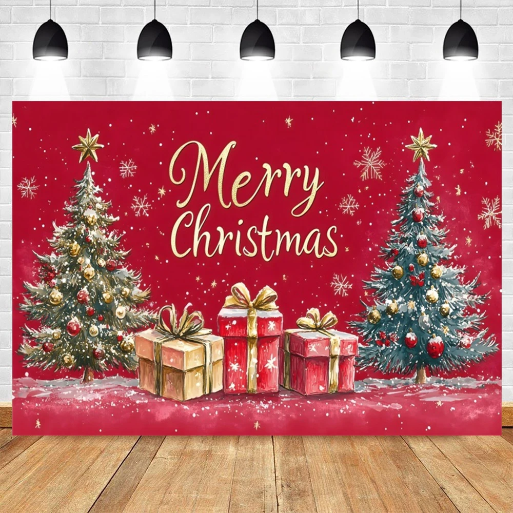 Red Christmas Backdrop Xmas Pine Trees Gifts Snow Jingle Bells Baby Kids Portrait Family Festival Decor Photography Background