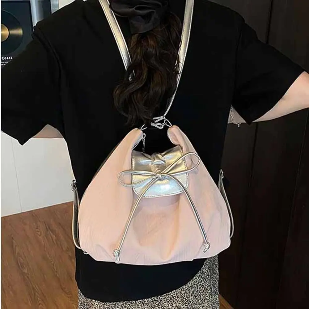 

Casual Solid Color Silver Bow Backpack Large Capacity Versatile Balletcore Shoulder Bag Korean Style Versatile Handbag Travel