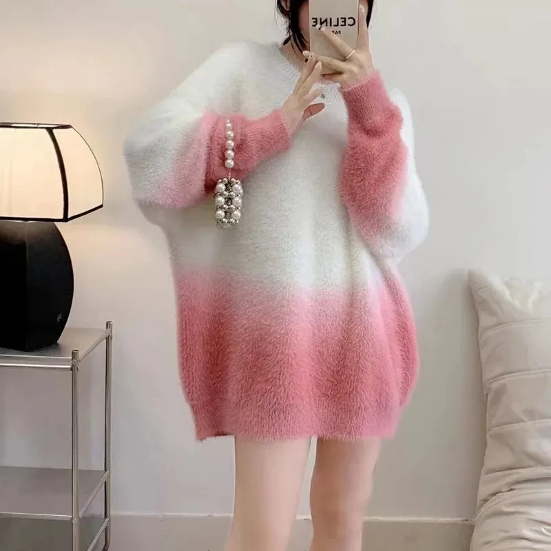 

Mink Velvet Pullover Sweater Women Outside Wear New Autumn Winter Gradient Sweater Female Top Long Sleeve Knit Bottoming Shirt