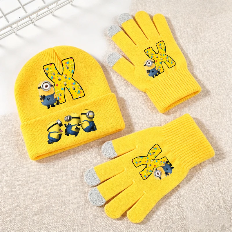Minionses Series Teenagers Knitted Hat Gloves Set Outdoor Keep Warm Cartoon Print Stretch Caps Autumn Winter Beanie Soft Gift