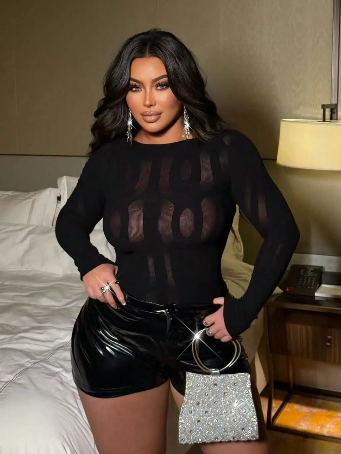 Plus Size Women's Black Sexy Sheer Mesh Long Sleeve Top Hollow Out See Through Slim Fitted Night Out Club Party Top