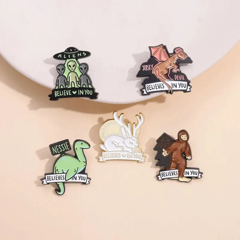 5PCS/Cryptid Friends Enamel Pins Custom Alien Dinosaur BELIEVE IN YOUBrooches Lapel Badges Animal Jewelry Gift for Kids Friends