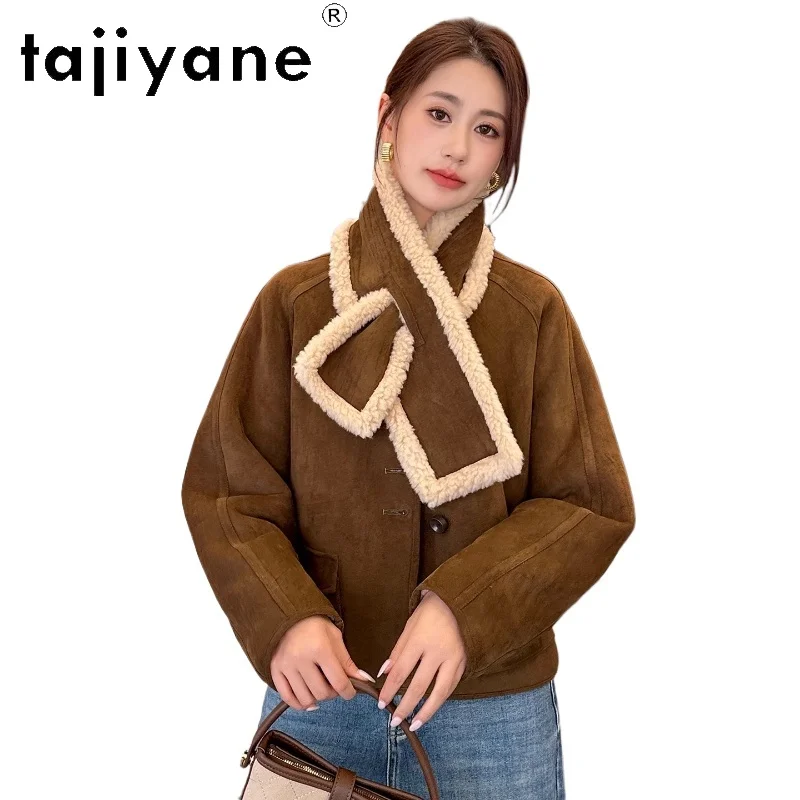 TAJIYANE 100% 리얼 울 코트와 스카프 여성용 시크 리버시블 숏 양털 외투 겨울 여성 의류 2025