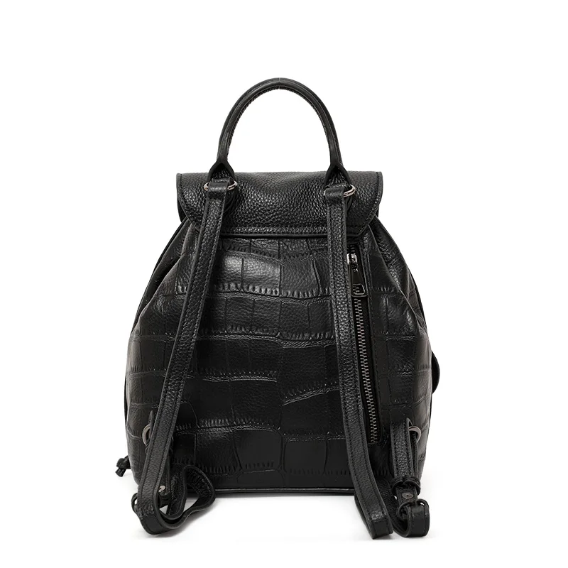Aidrani Cowhide Croc Pattern Women Rucksack, Flip Drawstring Backpack Multi‑Pocket Leather Bag for Travel Daily Casual