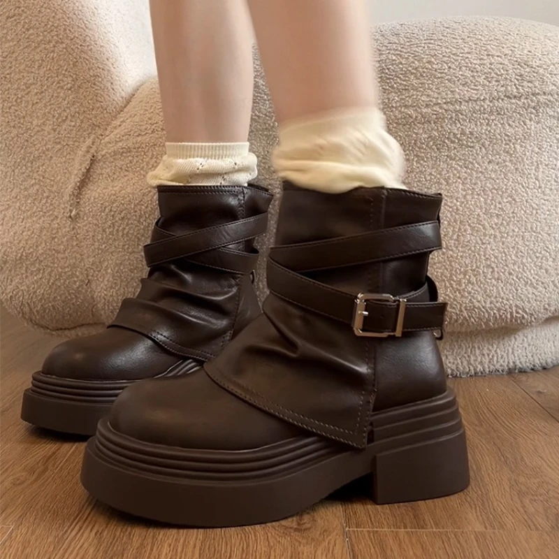 Vintage Platform Height Increase Women Ankle Boots Fashion Belt Buckle Thick Sole Shoes Autumn Winter Ladies Modern Short Botas