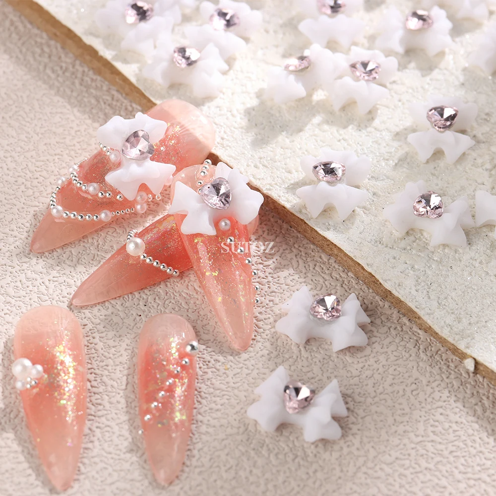 10Pcs Ribbon Nail Charms White Pink Crystal Heart Rhinestones Bow Knot Nail Parts 3D Manicure Decoration Kawaii Accessories AZH