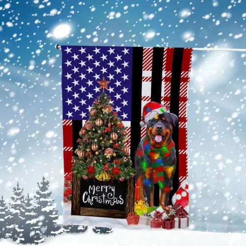 Rottweiler Dog Merry Christmas Flag, Rottweiler Dog Christmas Tree Lights Flag