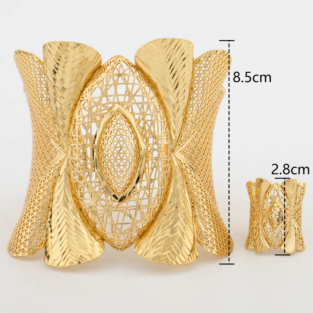 Hohles Modisches Goldfarbenes Manschettenarmband, Ring, Kupferlegierung, Vergoldeter Schmuckset, Armreif für Damen, Täglicher Gebrauch, Party, Hochzeitsgeschenke – Detail 2