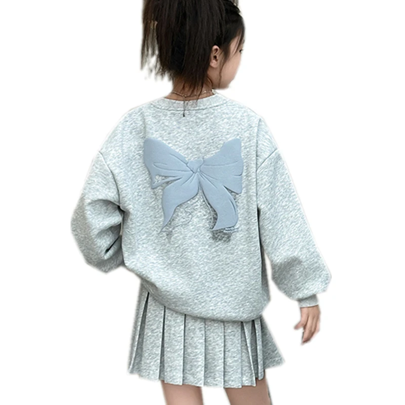 

Popular Kids Girl Clothes with Bow Elegant Child Street Clothing Set For Teen Girl Grey Sweatshirt + Pleated Skirt Suit Baby Set