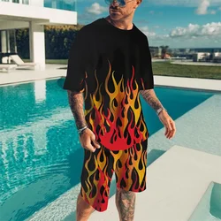 Flame Pattern Men's T-shirt 2 Piece Hip Hop Street Round Neck T-shirts Set Hawaii Personalized Beach Short Sleeve 2 Piece Set