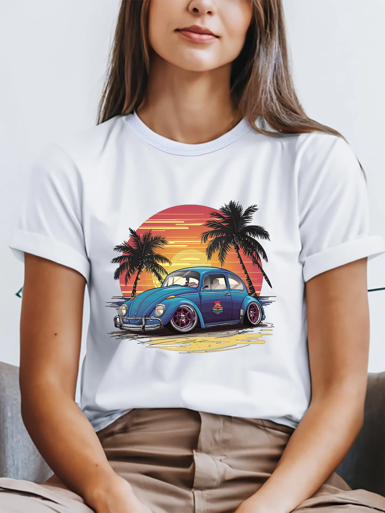 Vintage Car & Coconut Tree Graphic Round Neck Sports Tee, Short Sleeves Causal Workout Top, Women's Activewear