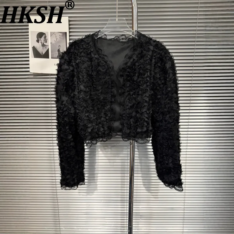 HKSH Women Short Coat Tide Dark Style Three-Dimensional Petal Design V-Neck Patchwork Lace Long Sleeve Punk Niche Jacket HK27139