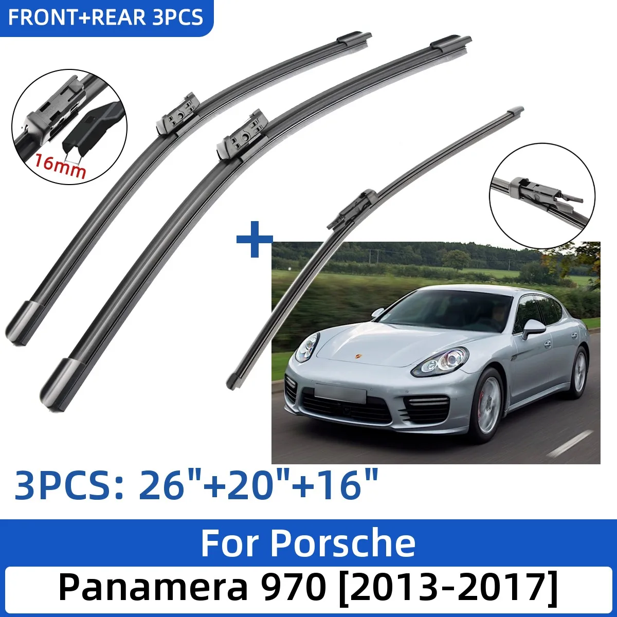 

For Porsche Panamera 970 2013-2017 26"+20"+16" Front Rear Wiper Blades Windshield Windscreen Window Cutter Accessories 2016 2017