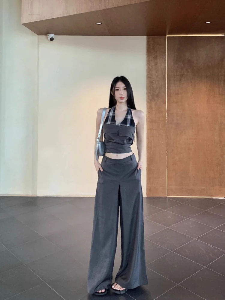 

Women's Summer Neck Hanging Strap Grid Splicing Vest Slim Casual Pants American Style Spicy Girl New Fashion Two-Piece Set