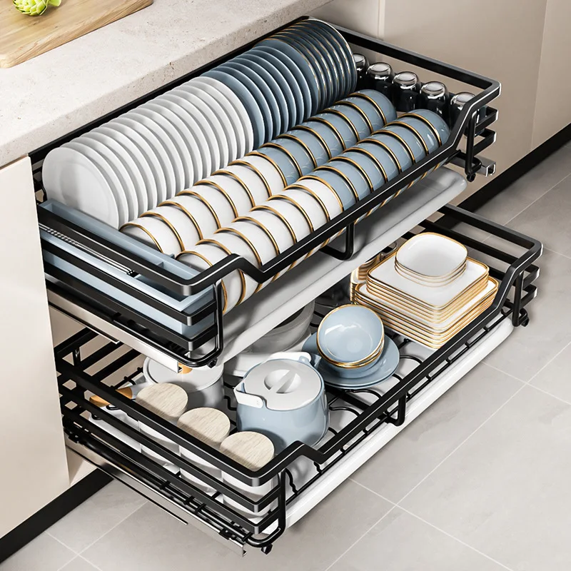 

Basket Kitchen Cabinet Double Drawer Basket Stainless Steel Dishes Cupboard Seasoning Bowl