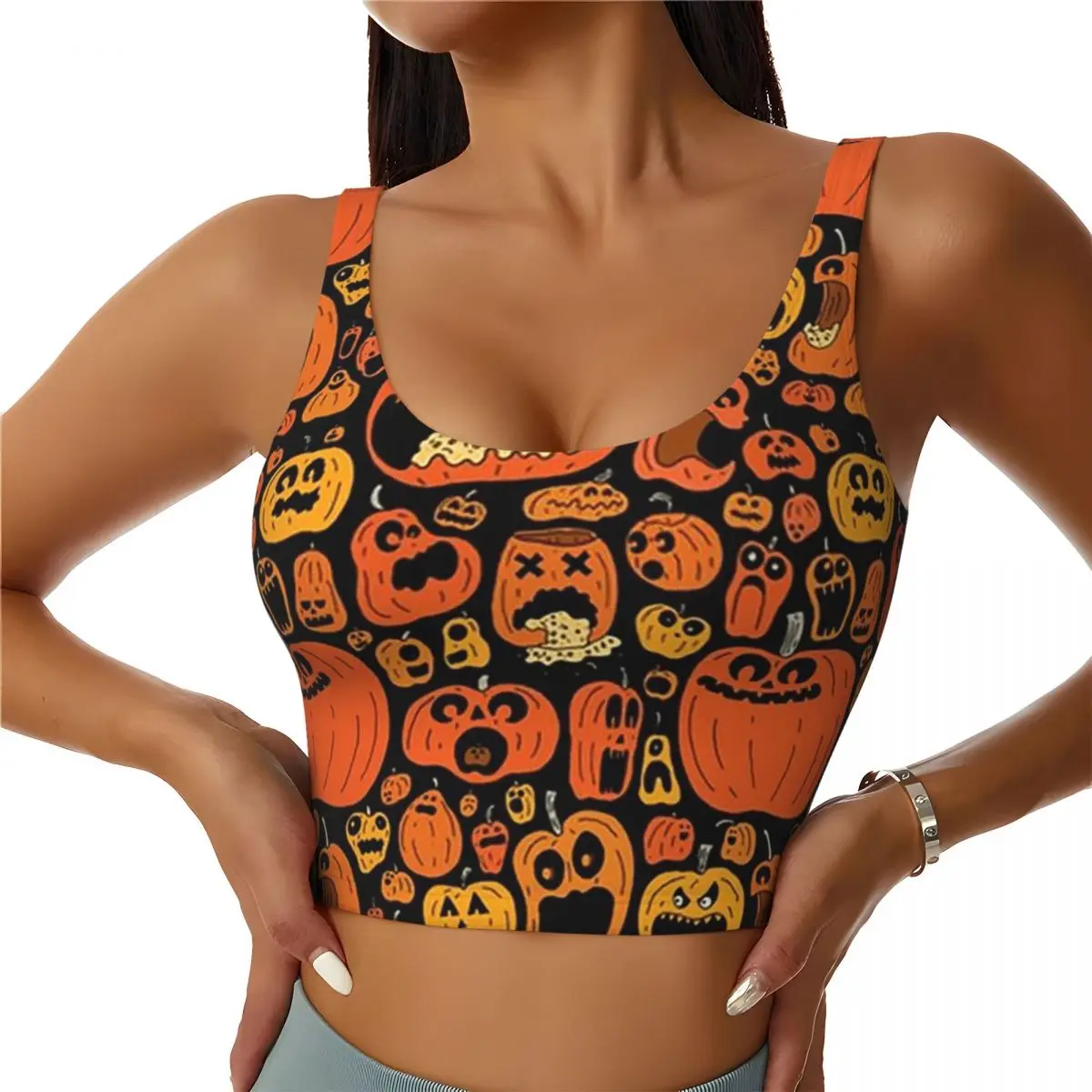 

Custom Ghost Pumpkin Halloween Women Sports Bra High Impact Vest Gym Workout Yoga Crop Tank Tops