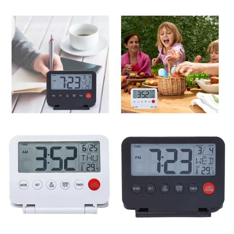 Digital Travel Foldable Alarm Clock With Large LCD Display Calendar Temperature Gauges Snooze Backlight Battery Operated