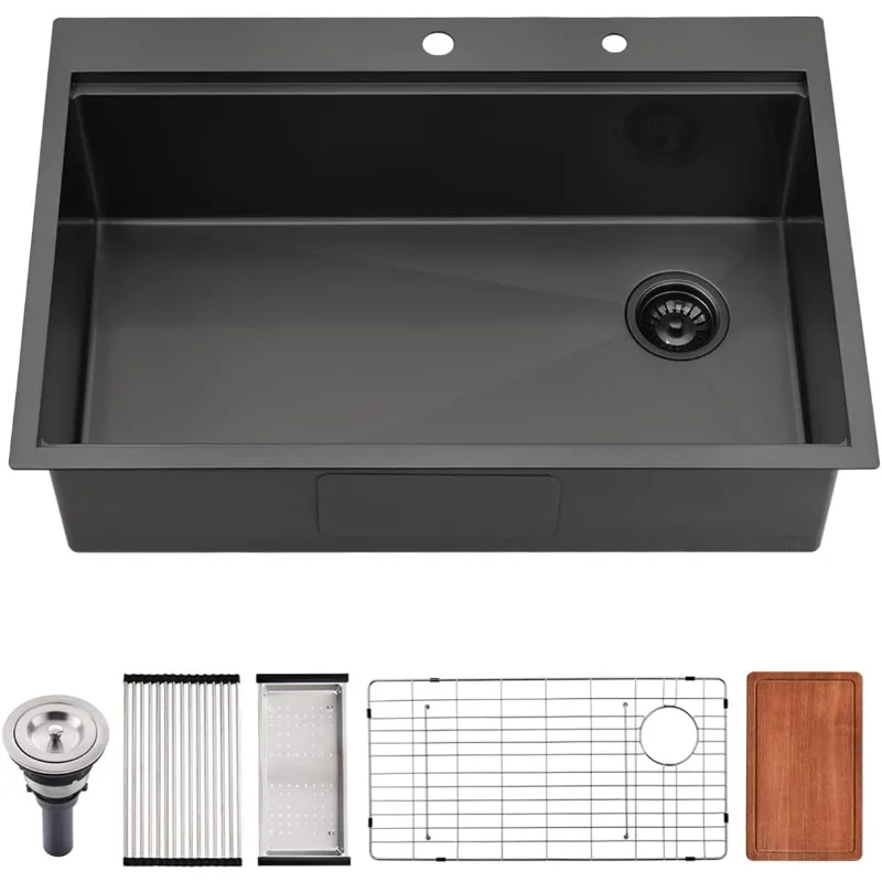 33 Inch Black Drop In Kitchen Sink, Jshozzy 33x22 Drop In Kitchen Workstation Sink Black Deep