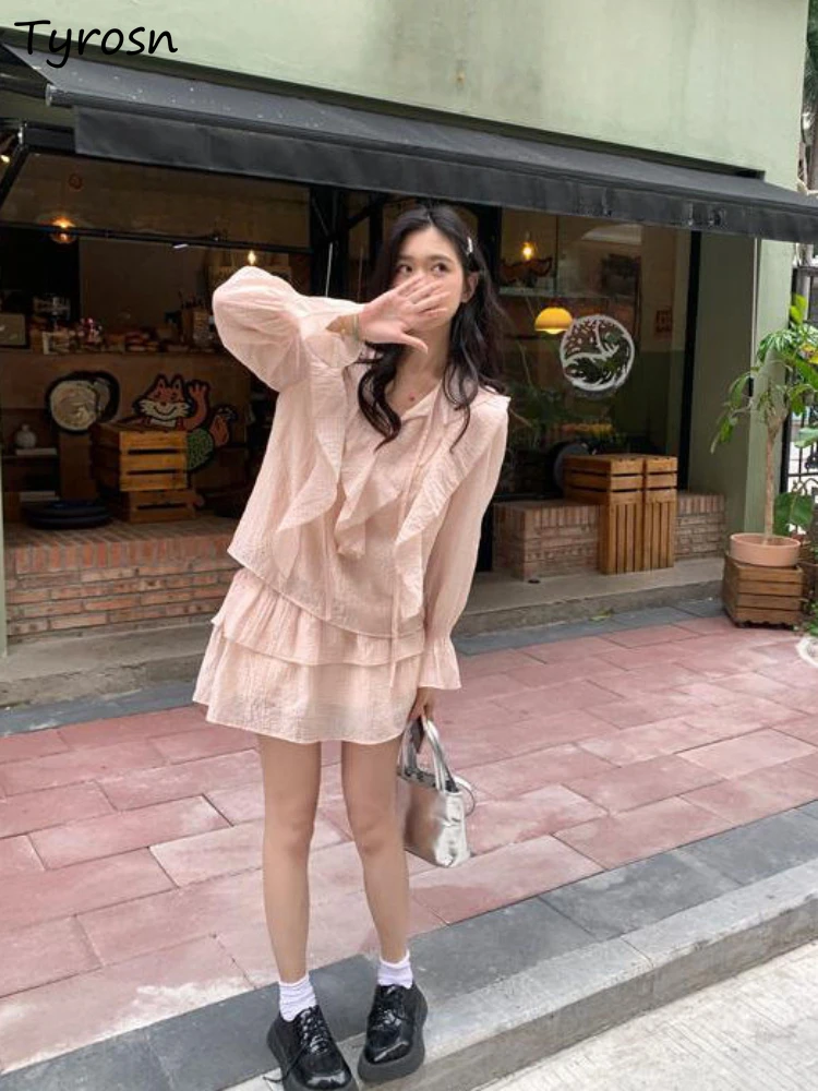 Dress Sets Women Above Knee Mini V-neck Elastic Waist Loose Sweet All-match Fahshion Solid Flare Sleeve Spring Simple Streetware