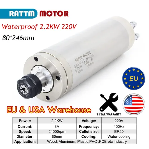 【米国&EU在庫】2.2kw ER20 220V 防水水冷スピンドルモーター CNCルーターマシン用金属彫刻スピンドルモーター