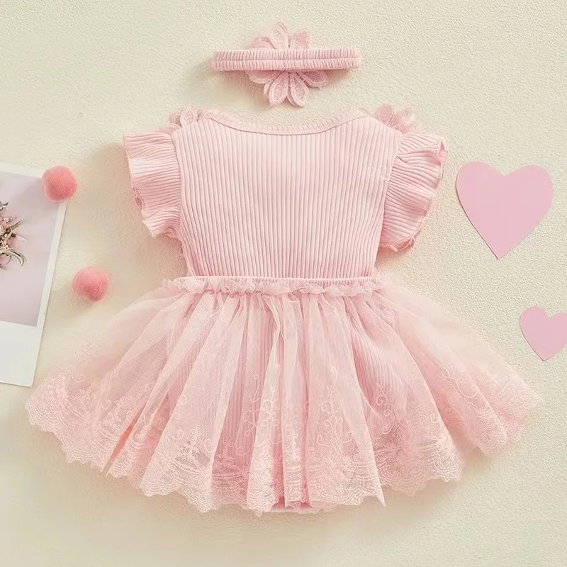 3D Flower Summer Baby Girls Romper Princess Mesh Newborn Clothes Lace Patchwork Ruffle Bodysuit Dress Headband Kids Clothing