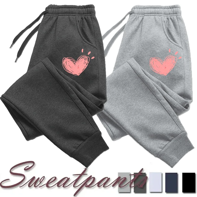 Mulheres bonito coração impresso sweatpants outono inverno algodão calças compridas jogger calças casuais esportes de fitness calças de suor feminino