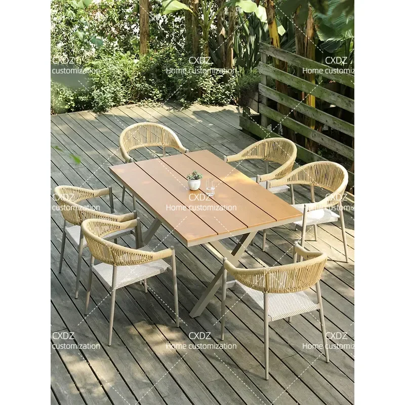 Outdoor Rattan Dining Set Crochet Wicker Patio Furniture Waterproof Sunproof Garden Villa Courtyard Leisure Table and Chairs