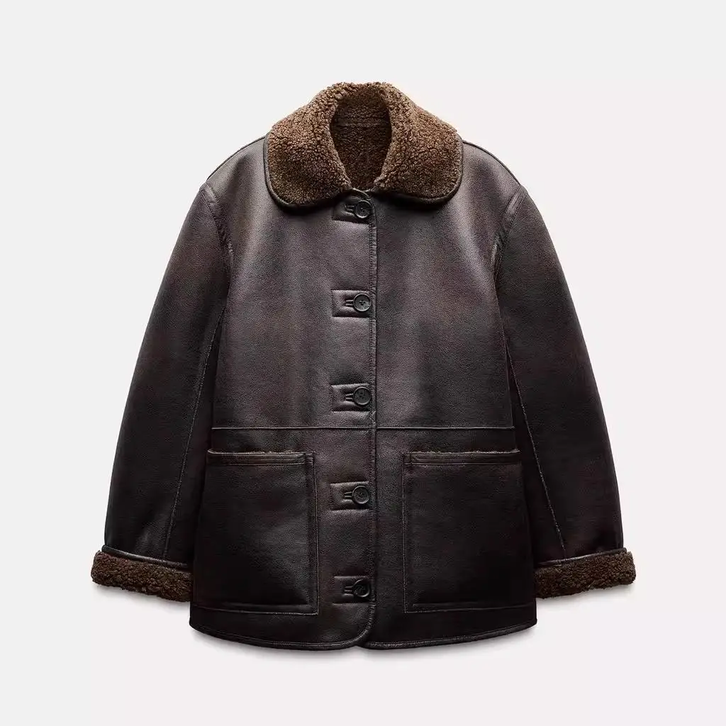 

Double-Sided Leather Coat New Autumn Winter Women's Faion Outerwear Versatile Loose Fit with Fringe Detail Thi Long Sve