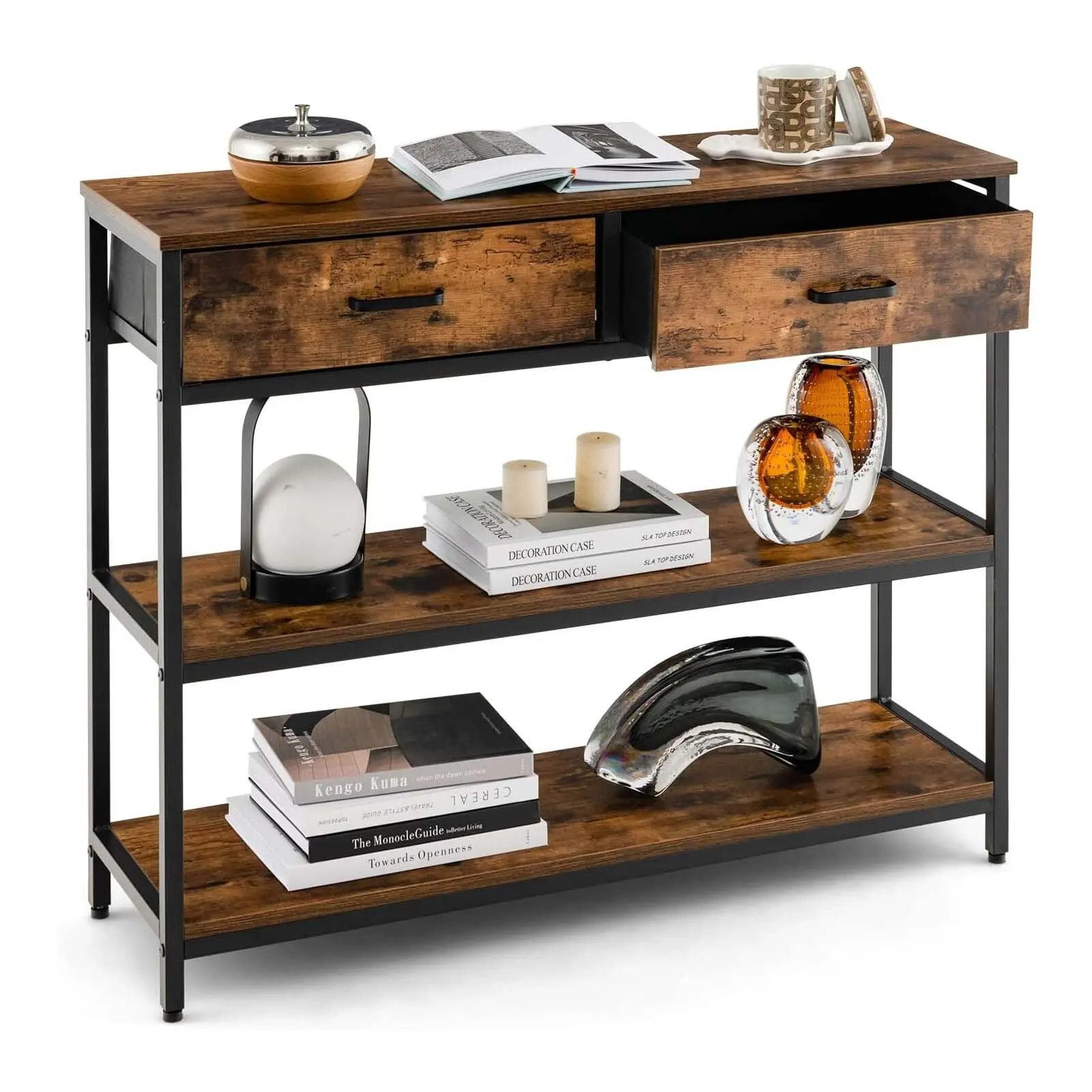 Mesa consola con cajón, mesa de recibidor, mesa auxiliar estrecha de 3 niveles con estructura de metal, madera, 100 x 30 x 80 cm, vintage