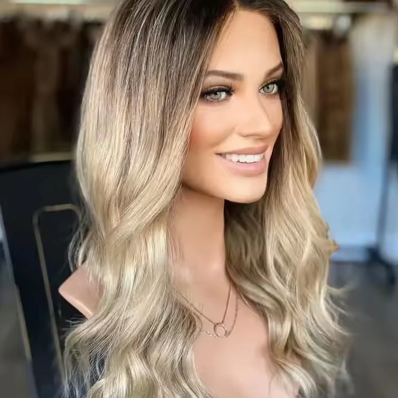 Fashion Synthetic Hair Smooth Straight wave blonde Brown accent color HD lace front wig Hight Density Pre Plucked For Women Use