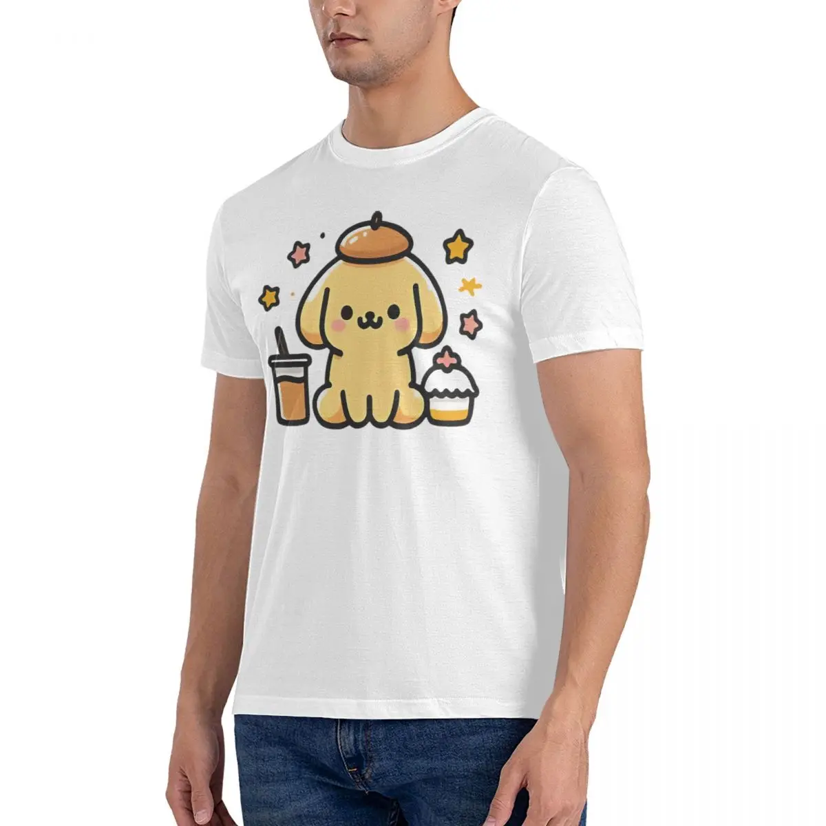 Sanrio Cartoon Character T-Shirt for Men Pompompurin Funny Cotton Tees Round Neck Short Sleeve T Shirt Summer Tops