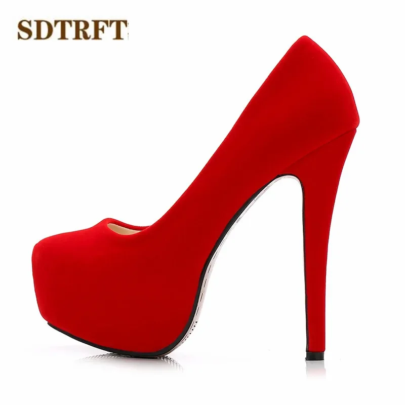 SDTRFT Zapatos Mujer Spring/Autumn 2023 Fashion Stilettos 14cm Thin High-Heeled Party Red Flock Shoes Woman Crossdresser Pumps