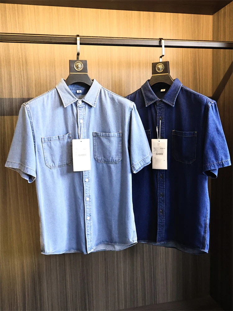 

Ретро-японский стиль! Ваэд Блю! Летняя джинсовая рубашка свободного кроя с воротником для мужчин, приятная к телу, коллекция 2025 года