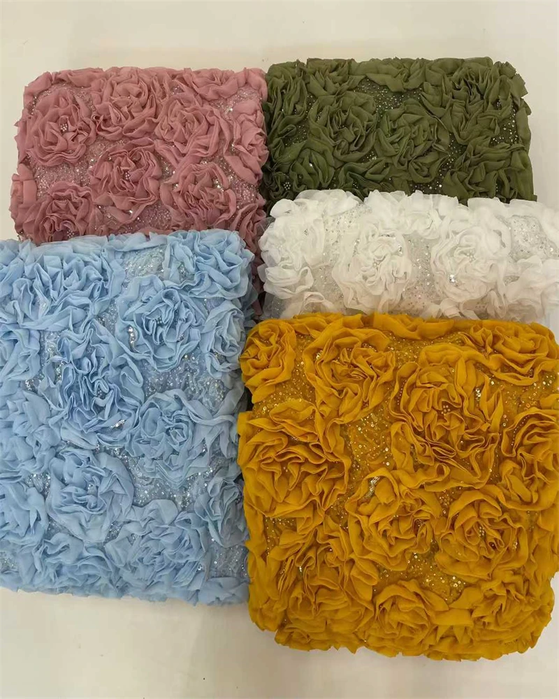 パール付き3Dフラワーレース生地、フランス刺繍チュール、アフリカ生地、ウェディングパーティードレス縫製、高品質