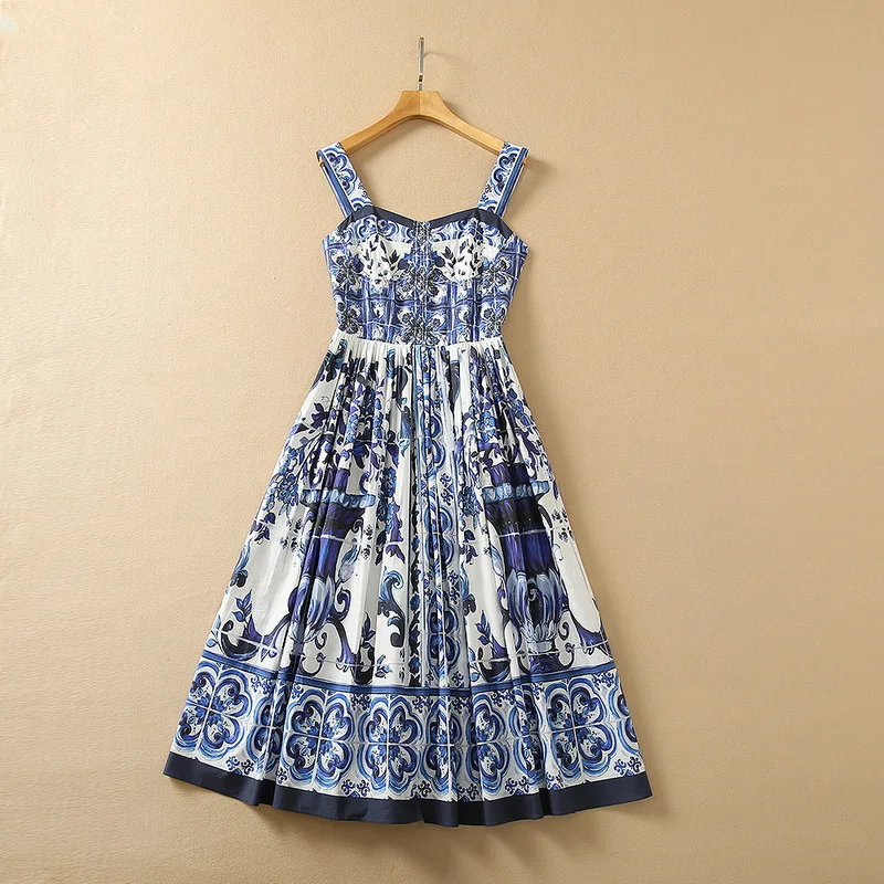 

European and American women's summer 2022 new Condole belt Sleeveless blue court print Fashionable cotton pleated dress