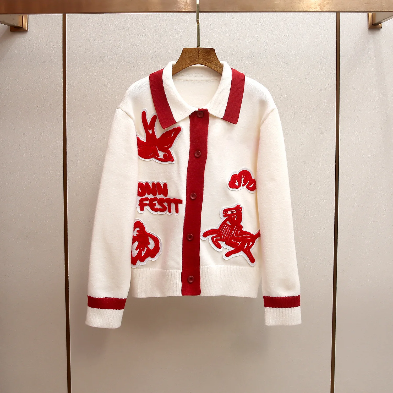 

Весенняя новинка: Элегантный вязаный кардиган с вышитым воротником – модный женский свитер из полиэфирного волокна