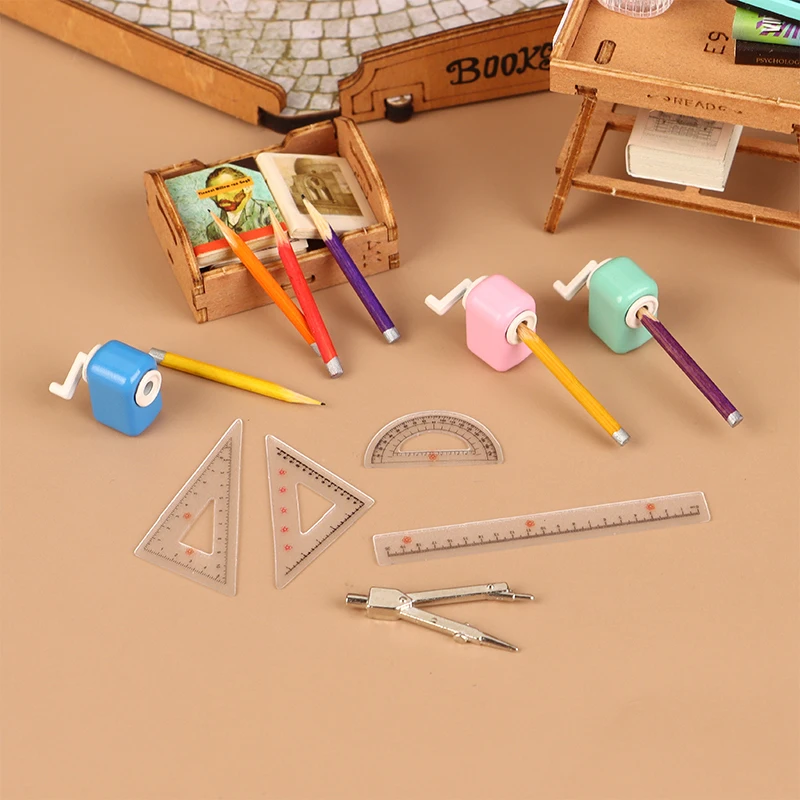 1:12 Dollhouse Simulation Mini Pencil Sharpener Pencil Compass Ruler Dollhouse Study Room Stationery Learning Scene Decoration