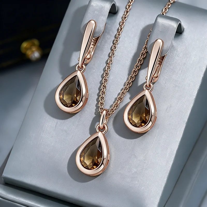 Wbmqda Simple Brown Natural Zircon Long Drop Earring And Necklace For Women 585 Rose Gold Color Fashion Holiday Jewelry Sets