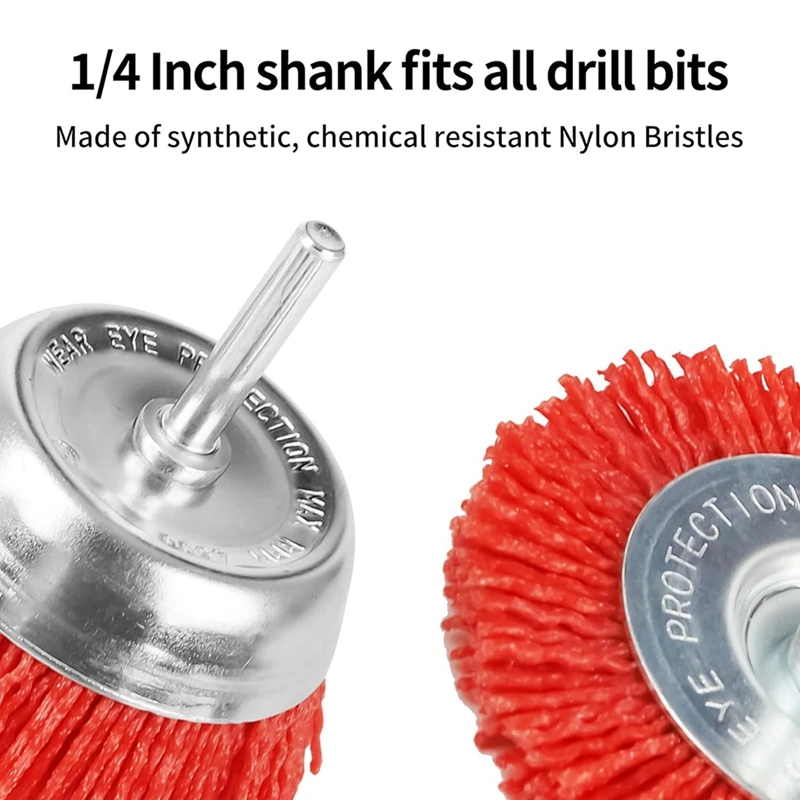 5 PCS Nylon Filament Abrasive Wire Brush Wheel & Cup Brush Set With 1/4Inch Drill Shank, Nylon Drill Brush Set , Red Durable