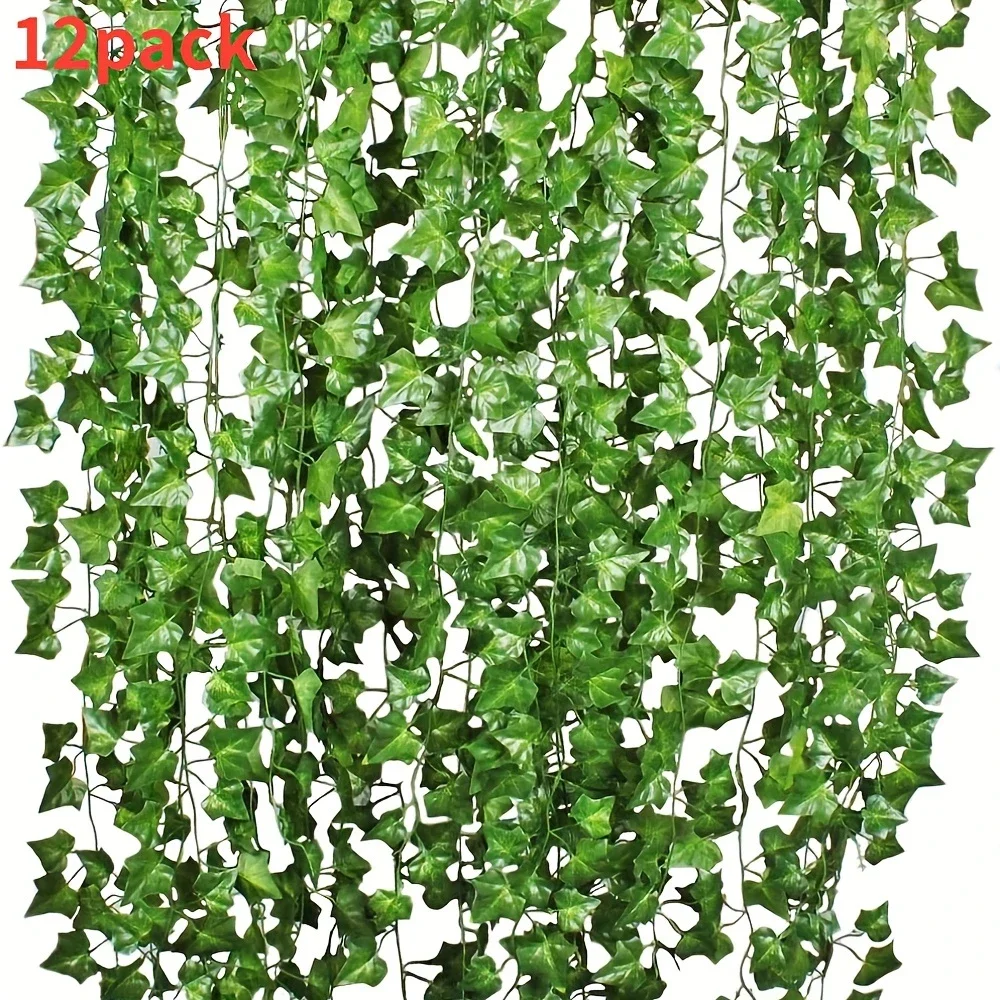 12 piezas de decoraciones colgantes de hojas de hiedra falsas verdes, adecuadas para decoración de pared de jardín de hogar/oficina/dormitorio en otoño