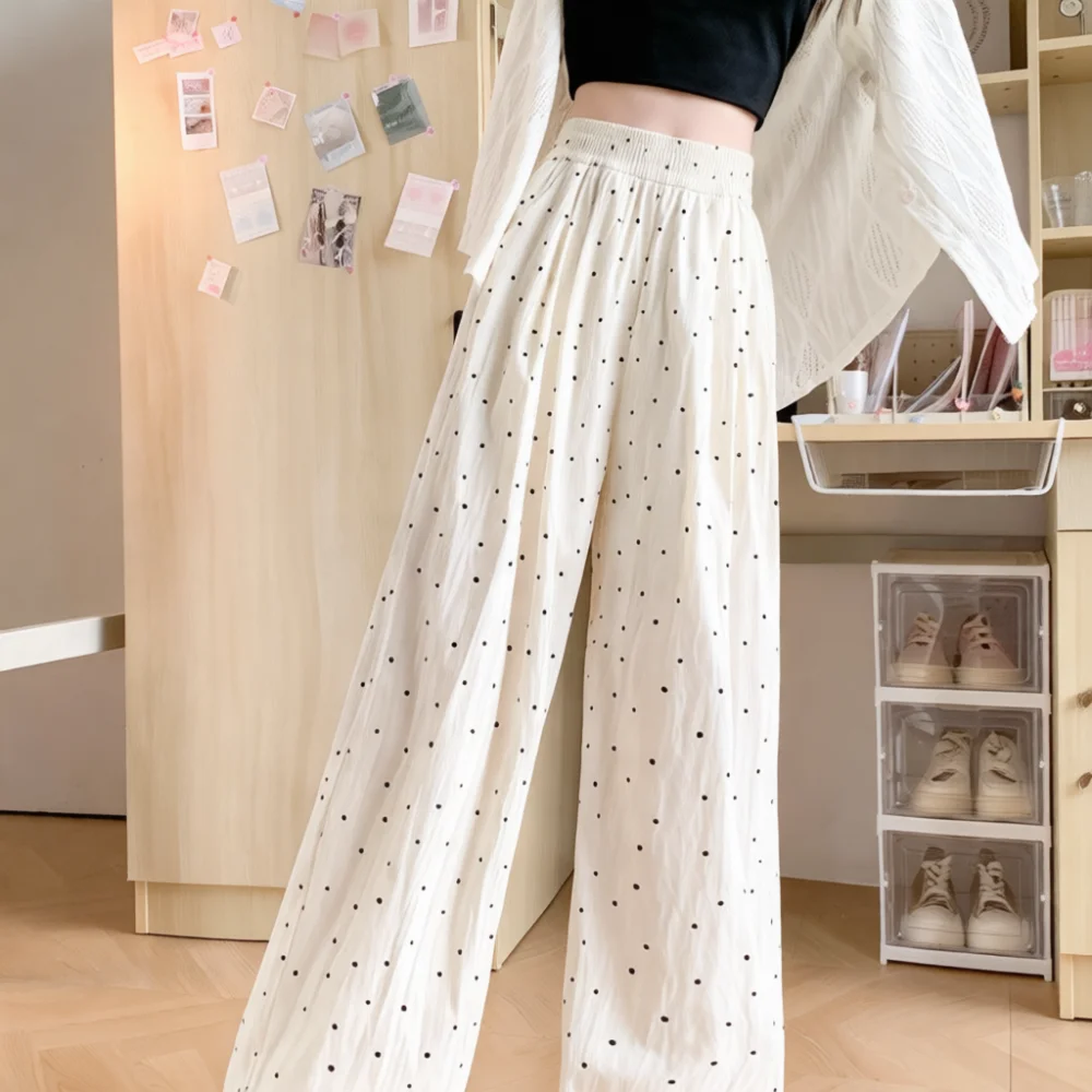 Summer Female High Waist Polka Dot Wide Leg Trousers Ice Silk Casual Loose Breathable Drape Comfortable Fashionable Bottoms