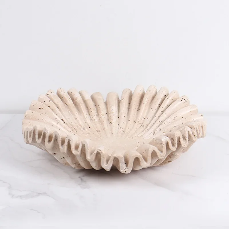 Marble Ruffle Bowl for Kitchen Counter and Living Room Travertine Scallop Bowl for Fruit Jewelry Decorative Tray for Home Decor