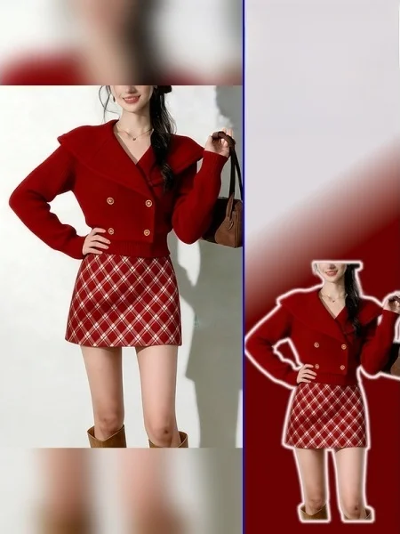 

plus Size Red Polka Dot Knitted Top And Skirt Set Spring Faion Retro Plaid Skirt Waist Cinched Turn down Collar Set